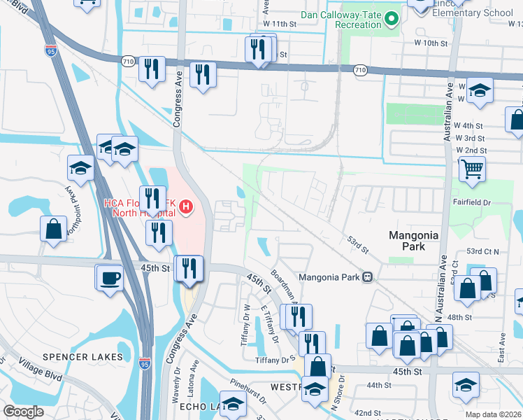 map of restaurants, bars, coffee shops, grocery stores, and more near 5709 Mentmore Drive in West Palm Beach
