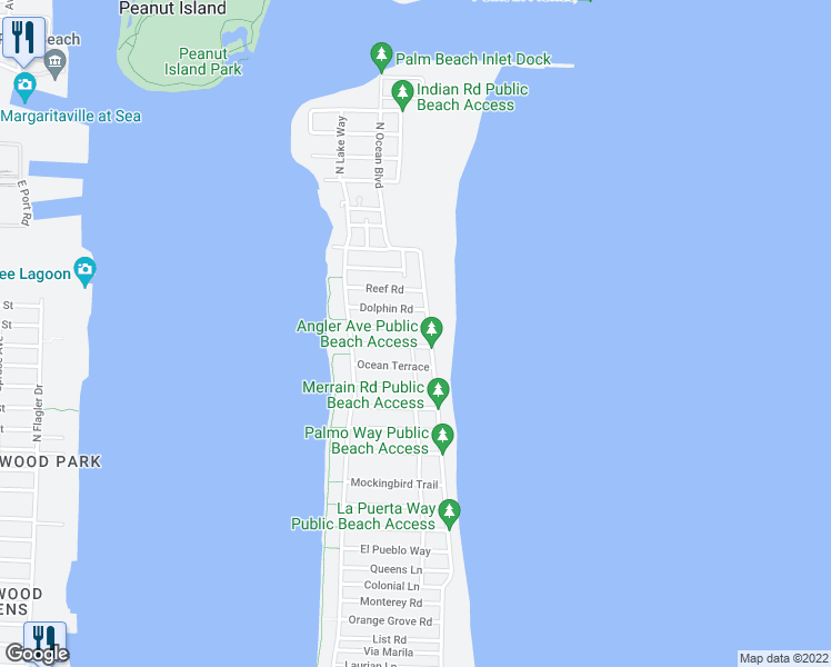 map of restaurants, bars, coffee shops, grocery stores, and more near 208 Angler Avenue in Palm Beach