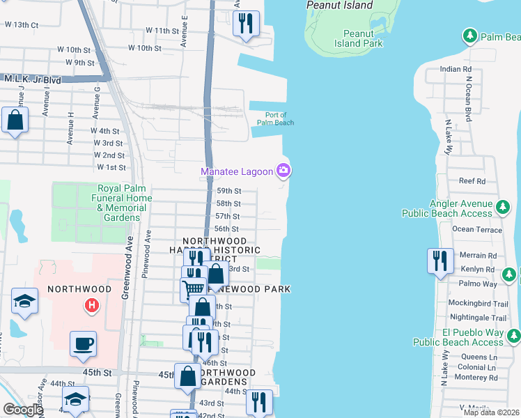 map of restaurants, bars, coffee shops, grocery stores, and more near 5806 North Flagler Drive in West Palm Beach