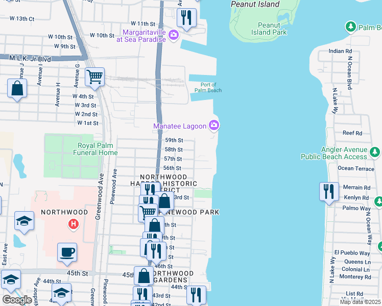 map of restaurants, bars, coffee shops, grocery stores, and more near 5806 North Flagler Drive in West Palm Beach