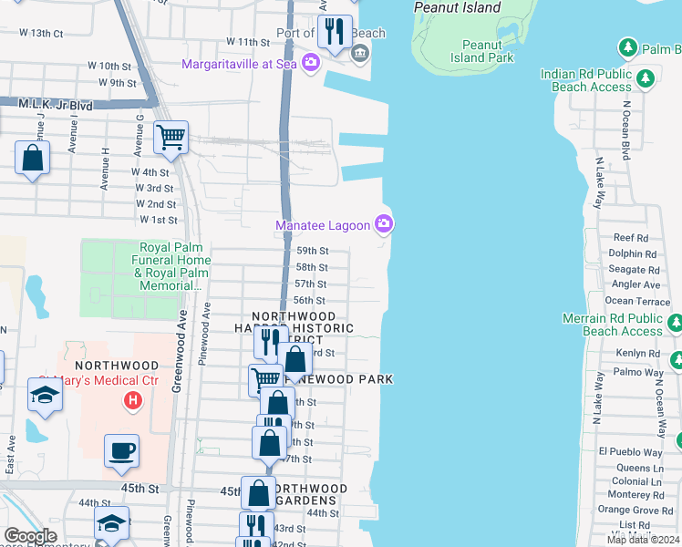 map of restaurants, bars, coffee shops, grocery stores, and more near 5806 North Flagler Drive in West Palm Beach
