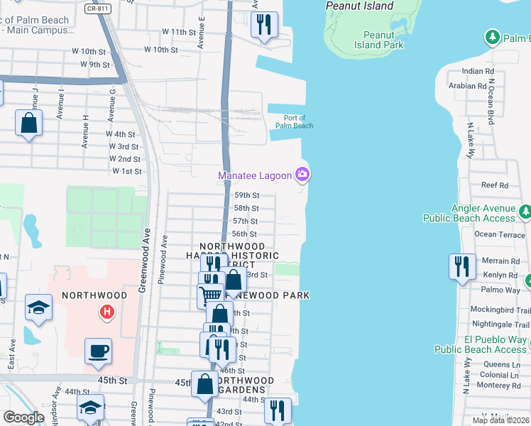 map of restaurants, bars, coffee shops, grocery stores, and more near 428 57th Street in West Palm Beach