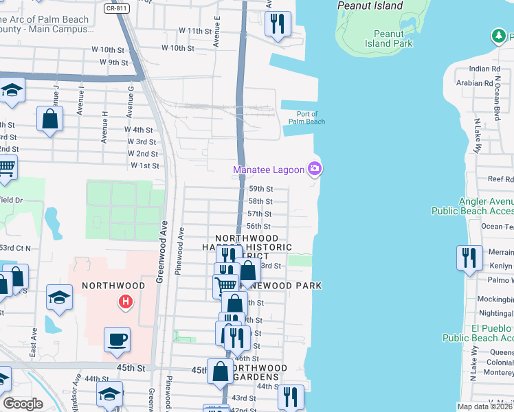 map of restaurants, bars, coffee shops, grocery stores, and more near 5706 Broadway Avenue in West Palm Beach