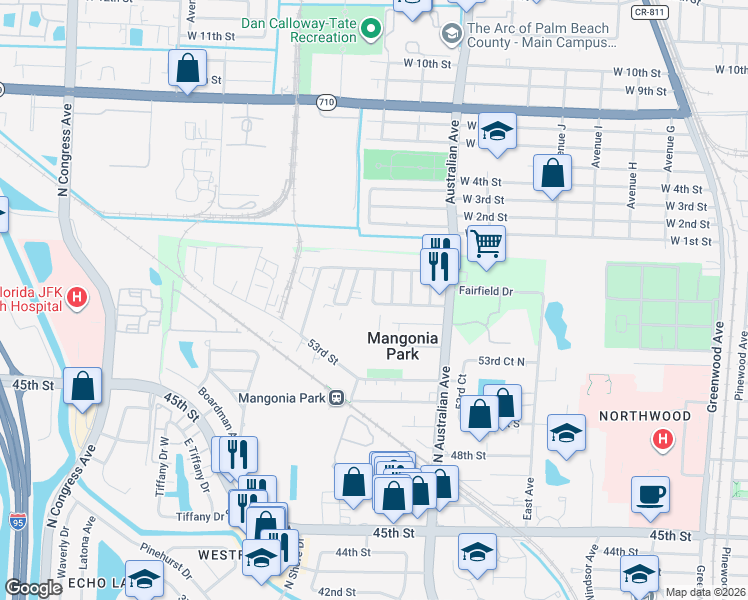 map of restaurants, bars, coffee shops, grocery stores, and more near 1321 53rd Street in West Palm Beach