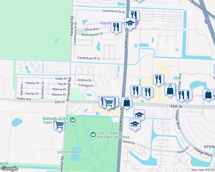 map of restaurants, bars, coffee shops, grocery stores, and more near 4651 45th Street in West Palm Beach