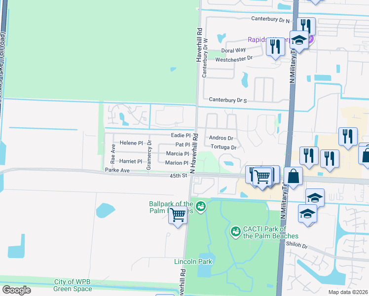 map of restaurants, bars, coffee shops, grocery stores, and more near 5092 Marcia Place in West Palm Beach
