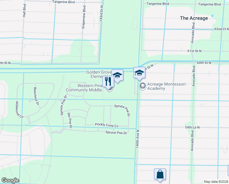 map of restaurants, bars, coffee shops, grocery stores, and more near 5949 140th Avenue North in West Palm Beach