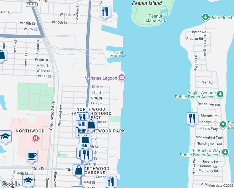 map of restaurants, bars, coffee shops, grocery stores, and more near 5806 North Flagler Drive in West Palm Beach