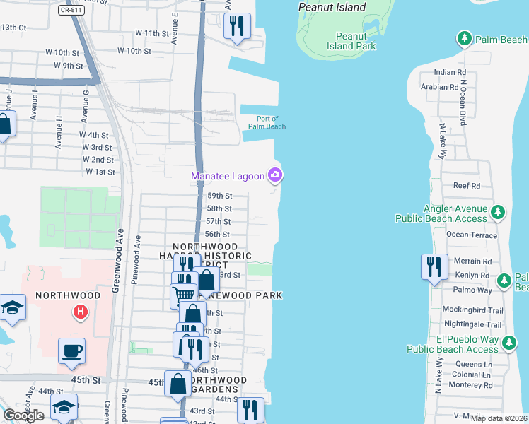 map of restaurants, bars, coffee shops, grocery stores, and more near 5806 North Flagler Drive in West Palm Beach