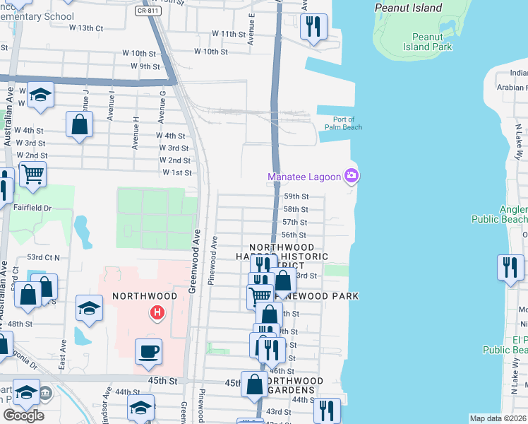 map of restaurants, bars, coffee shops, grocery stores, and more near 626 57th Street in West Palm Beach