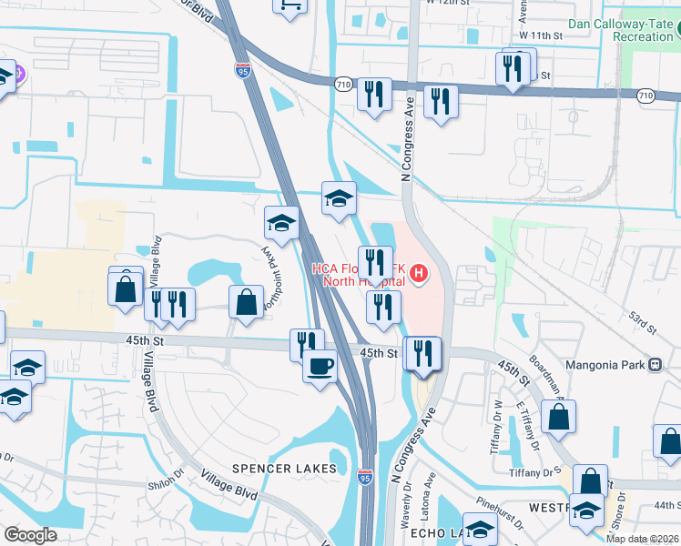 map of restaurants, bars, coffee shops, grocery stores, and more near 5713 Corporate Way in West Palm Beach