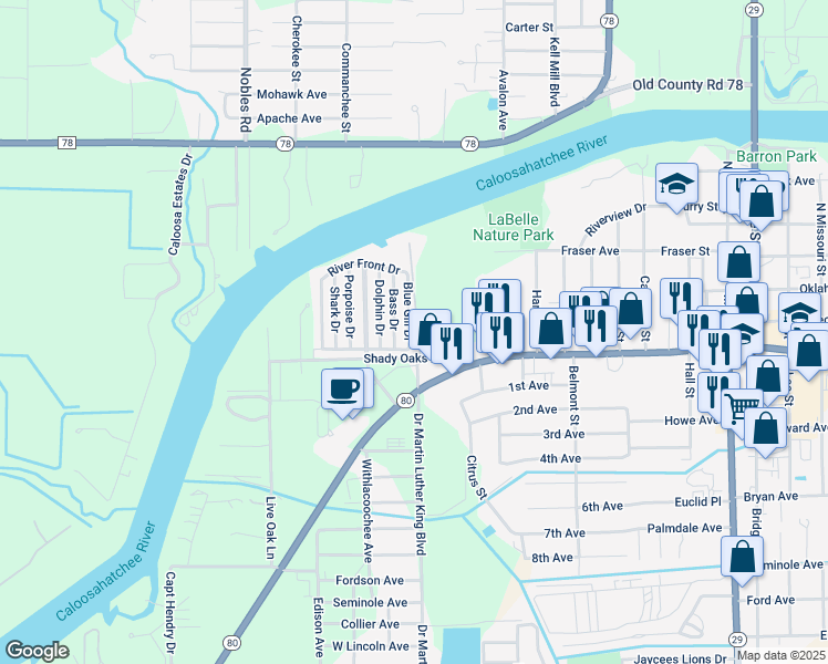 map of restaurants, bars, coffee shops, grocery stores, and more near 700 Shady Oaks Avenue in LaBelle