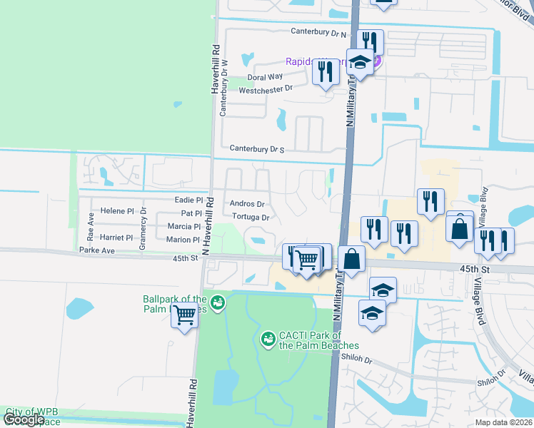 map of restaurants, bars, coffee shops, grocery stores, and more near 4821 Andros Drive in West Palm Beach