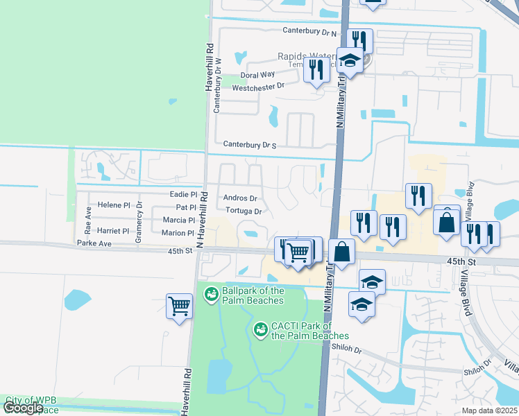 map of restaurants, bars, coffee shops, grocery stores, and more near 4787 Tortuga Drive in West Palm Beach