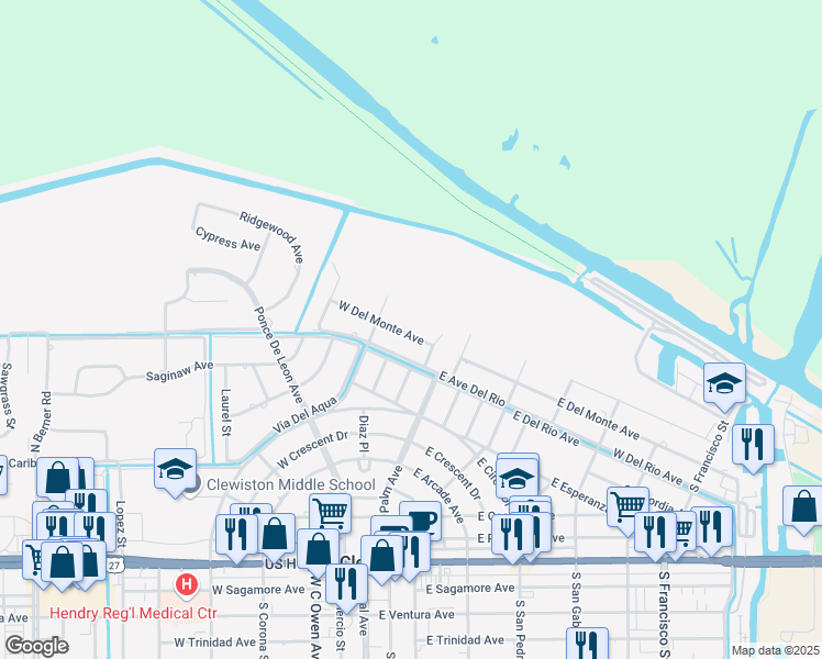 map of restaurants, bars, coffee shops, grocery stores, and more near 125 West Del Monte Avenue in Clewiston