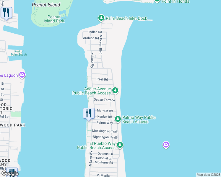 map of restaurants, bars, coffee shops, grocery stores, and more near 125 Dolphin Road in Palm Beach