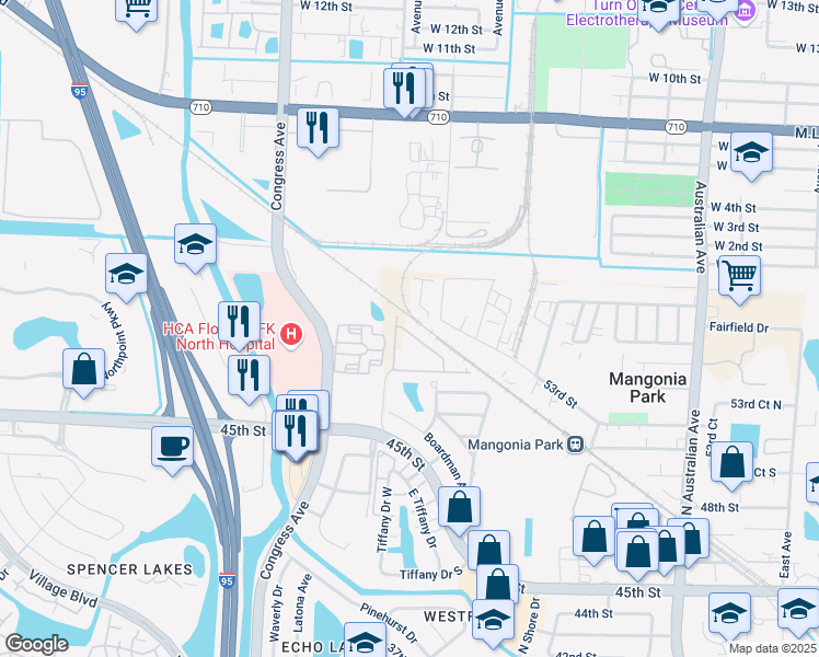 map of restaurants, bars, coffee shops, grocery stores, and more near 5455 Dexter Way in West Palm Beach