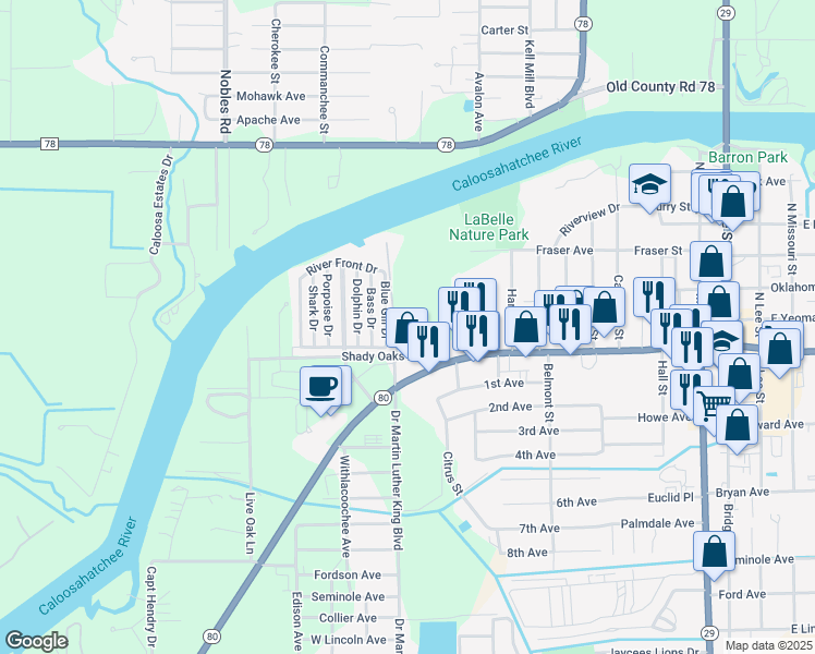 map of restaurants, bars, coffee shops, grocery stores, and more near 700 Shady Oaks Avenue in LaBelle
