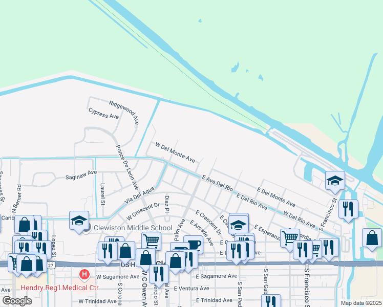 map of restaurants, bars, coffee shops, grocery stores, and more near 125 West Del Monte Avenue in Clewiston