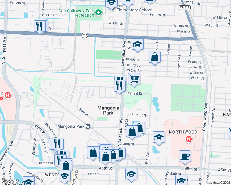 map of restaurants, bars, coffee shops, grocery stores, and more near 5707 Briarwood Avenue in West Palm Beach
