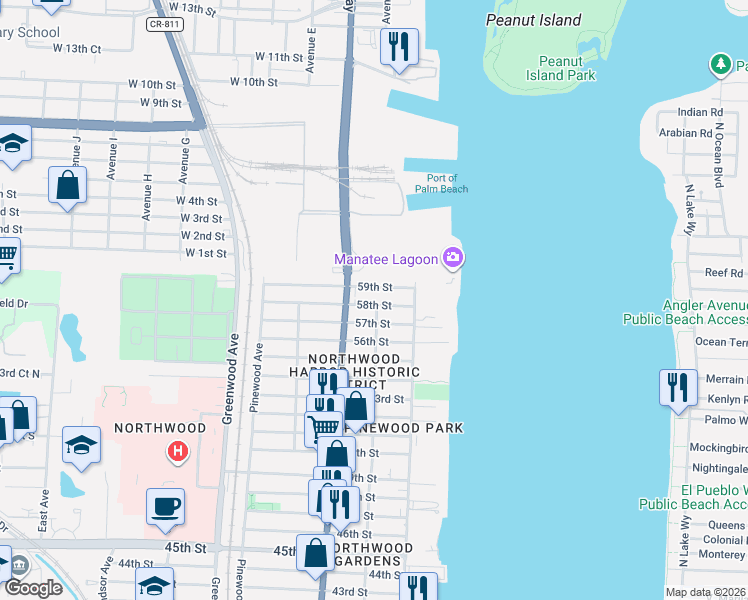 map of restaurants, bars, coffee shops, grocery stores, and more near 425 59th Street in West Palm Beach