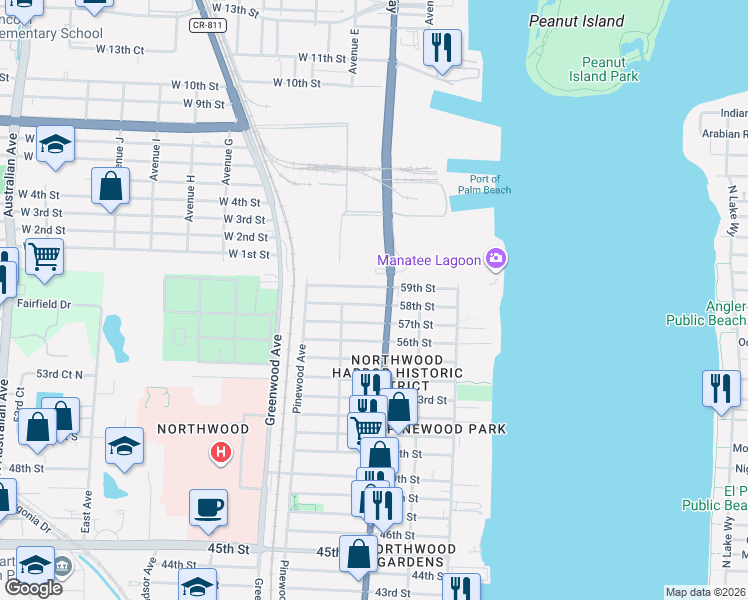 map of restaurants, bars, coffee shops, grocery stores, and more near 615 58th Street in West Palm Beach