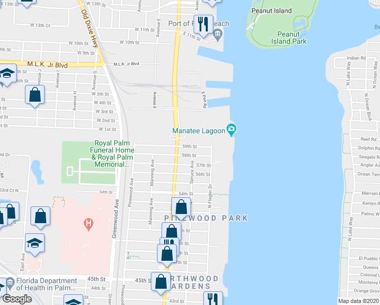 map of restaurants, bars, coffee shops, grocery stores, and more near 425 59th Street in West Palm Beach