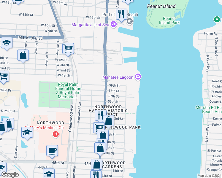 map of restaurants, bars, coffee shops, grocery stores, and more near 5900 Broadway Avenue in West Palm Beach