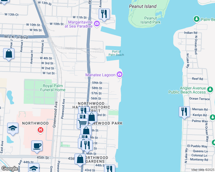 map of restaurants, bars, coffee shops, grocery stores, and more near 6001 North Flagler Drive in West Palm Beach