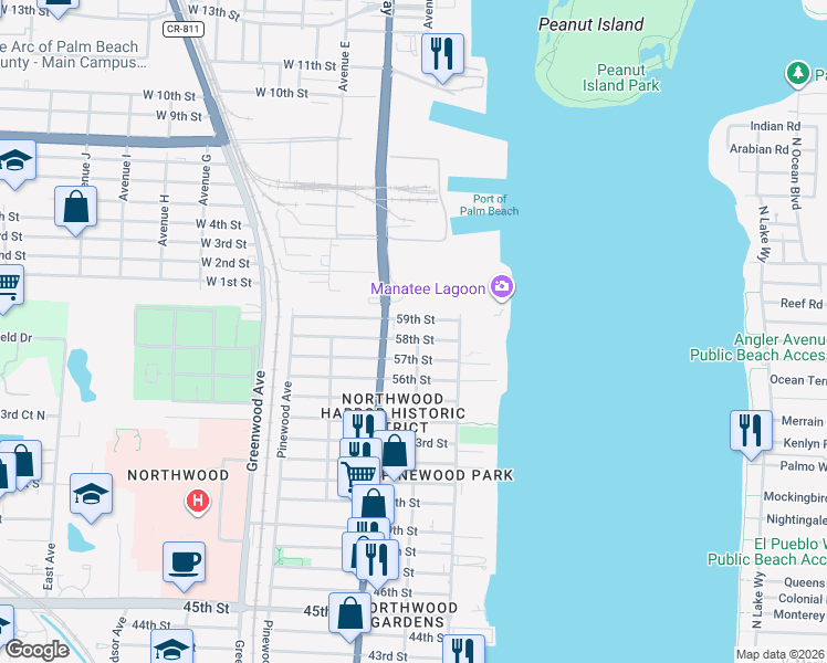 map of restaurants, bars, coffee shops, grocery stores, and more near 503 58th Street in West Palm Beach