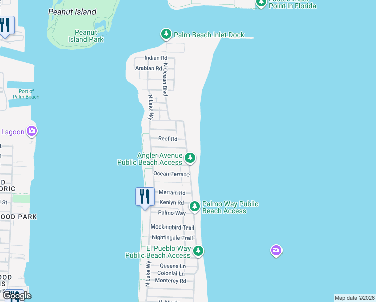 map of restaurants, bars, coffee shops, grocery stores, and more near 1365 North Ocean Boulevard in Palm Beach