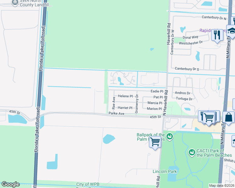 map of restaurants, bars, coffee shops, grocery stores, and more near 5421 Helene Place in West Palm Beach