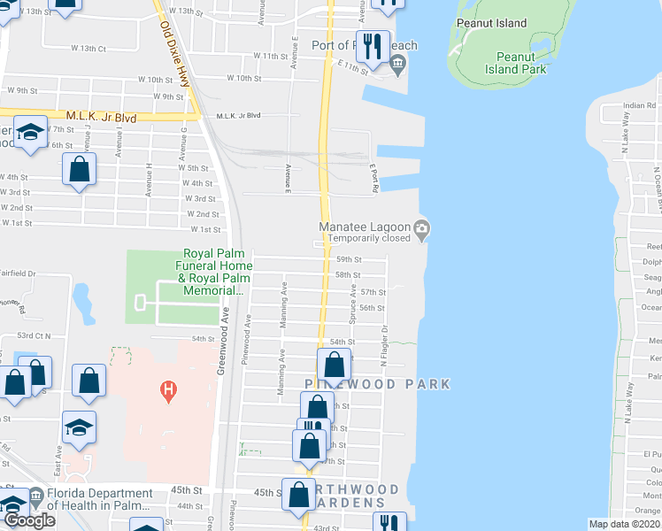 map of restaurants, bars, coffee shops, grocery stores, and more near 5900 Broadway Avenue in West Palm Beach