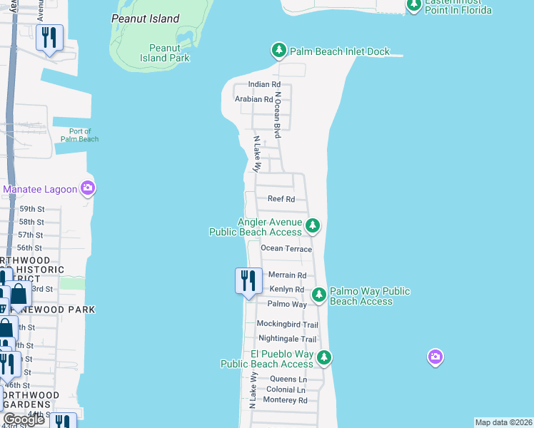 map of restaurants, bars, coffee shops, grocery stores, and more near 157 Dolphin Road in Palm Beach