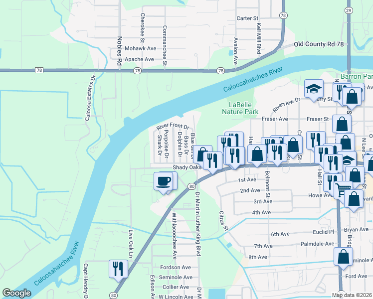map of restaurants, bars, coffee shops, grocery stores, and more near Bass Drive in LaBelle