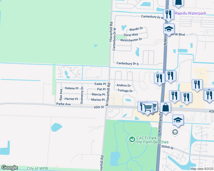 map of restaurants, bars, coffee shops, grocery stores, and more near 5821 Haverhill Road in West Palm Beach