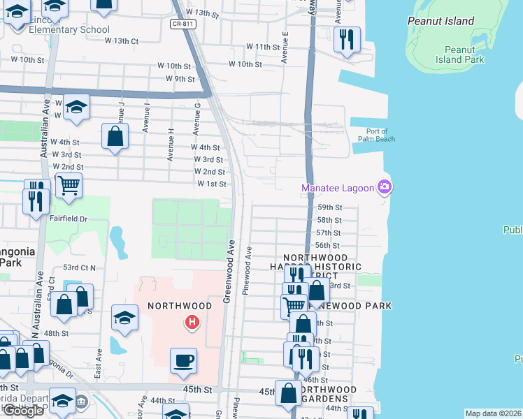 map of restaurants, bars, coffee shops, grocery stores, and more near 718 59th Street in West Palm Beach