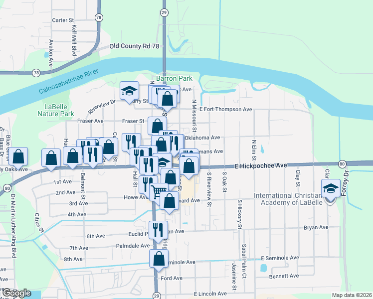 map of restaurants, bars, coffee shops, grocery stores, and more near 88 North Missouri Street in LaBelle