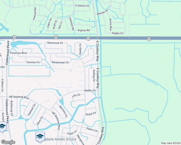 map of restaurants, bars, coffee shops, grocery stores, and more near 8034 Rolling Circle in LaBelle