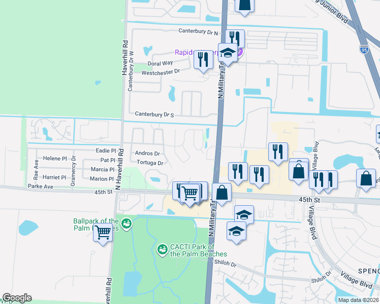 map of restaurants, bars, coffee shops, grocery stores, and more near 5840 Bermuda Circle East in West Palm Beach