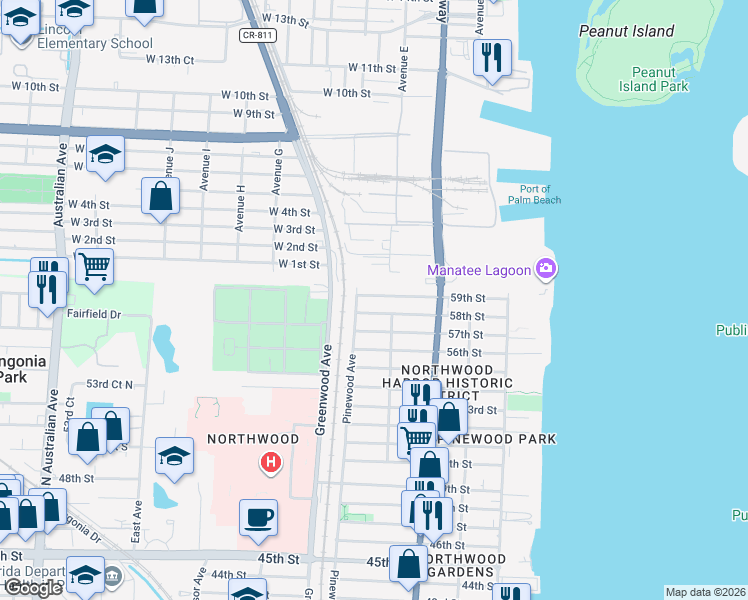 map of restaurants, bars, coffee shops, grocery stores, and more near 718 59th Street in West Palm Beach