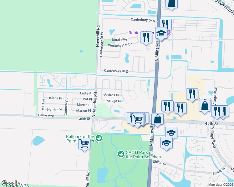 map of restaurants, bars, coffee shops, grocery stores, and more near 4821 Andros Drive in West Palm Beach