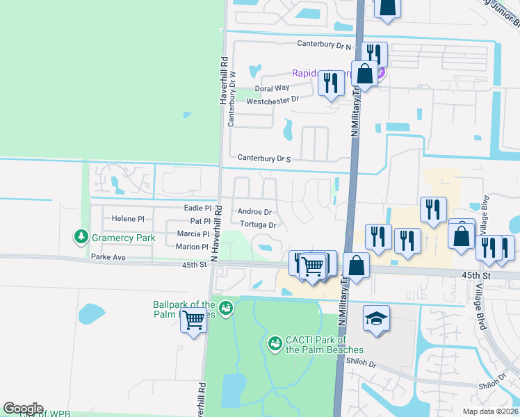 map of restaurants, bars, coffee shops, grocery stores, and more near 4845 Andros Drive in West Palm Beach