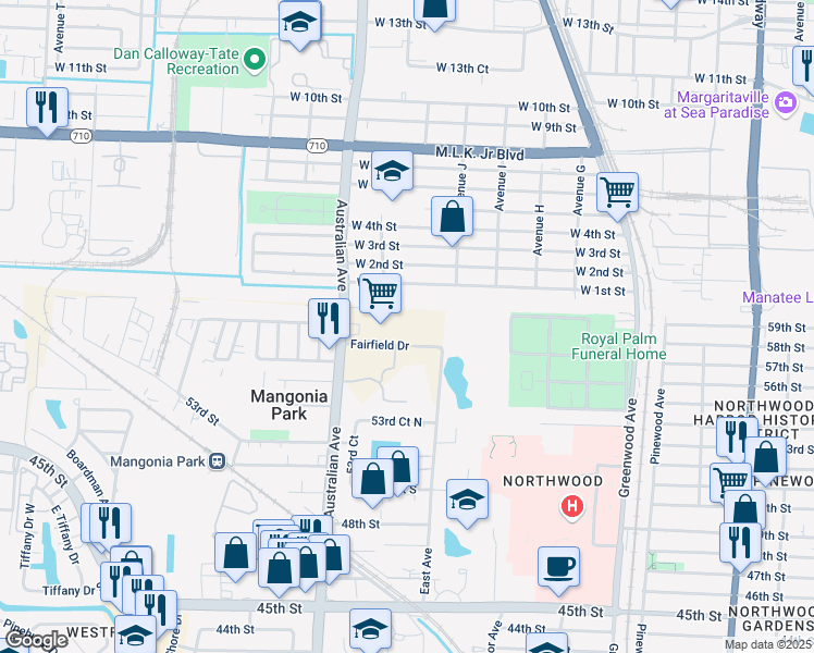 map of restaurants, bars, coffee shops, grocery stores, and more near 1111 Fairfield Drive in West Palm Beach