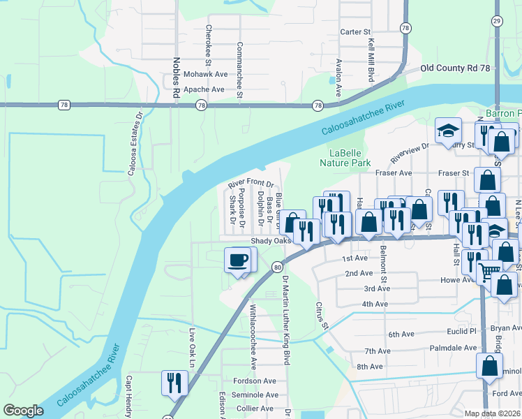 map of restaurants, bars, coffee shops, grocery stores, and more near Bass Drive in LaBelle