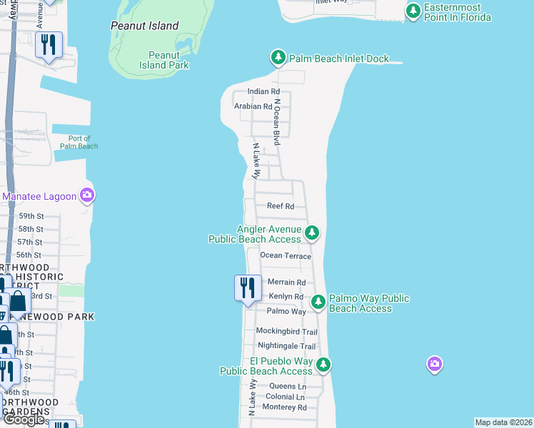 map of restaurants, bars, coffee shops, grocery stores, and more near 157 Dolphin Road in Palm Beach
