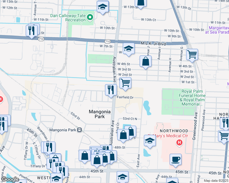 map of restaurants, bars, coffee shops, grocery stores, and more near 799 Hill Avenue in West Palm Beach