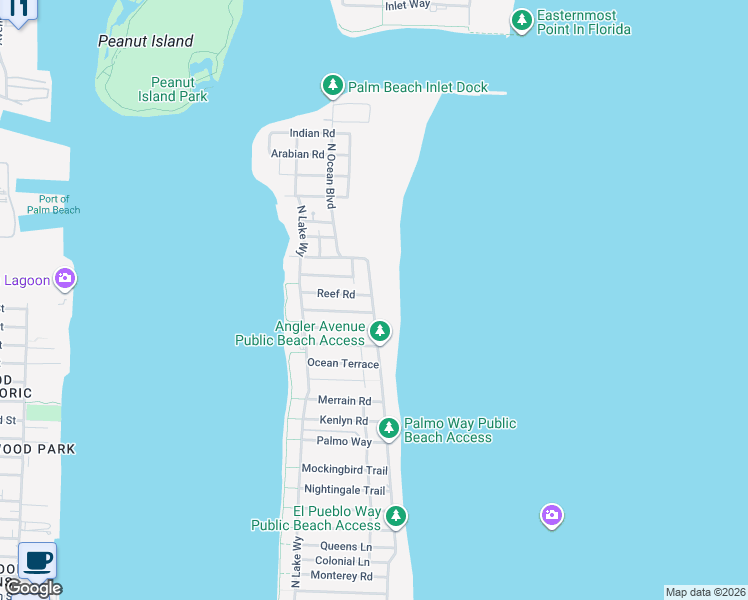 map of restaurants, bars, coffee shops, grocery stores, and more near 1365 North Ocean Boulevard in Palm Beach
