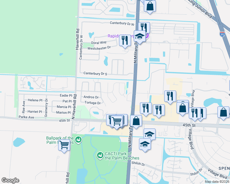 map of restaurants, bars, coffee shops, grocery stores, and more near 5840 Bermuda Circle East in West Palm Beach