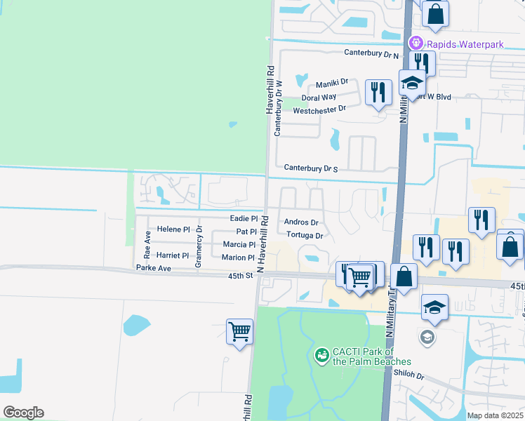 map of restaurants, bars, coffee shops, grocery stores, and more near 5821 Haverhill Road in West Palm Beach